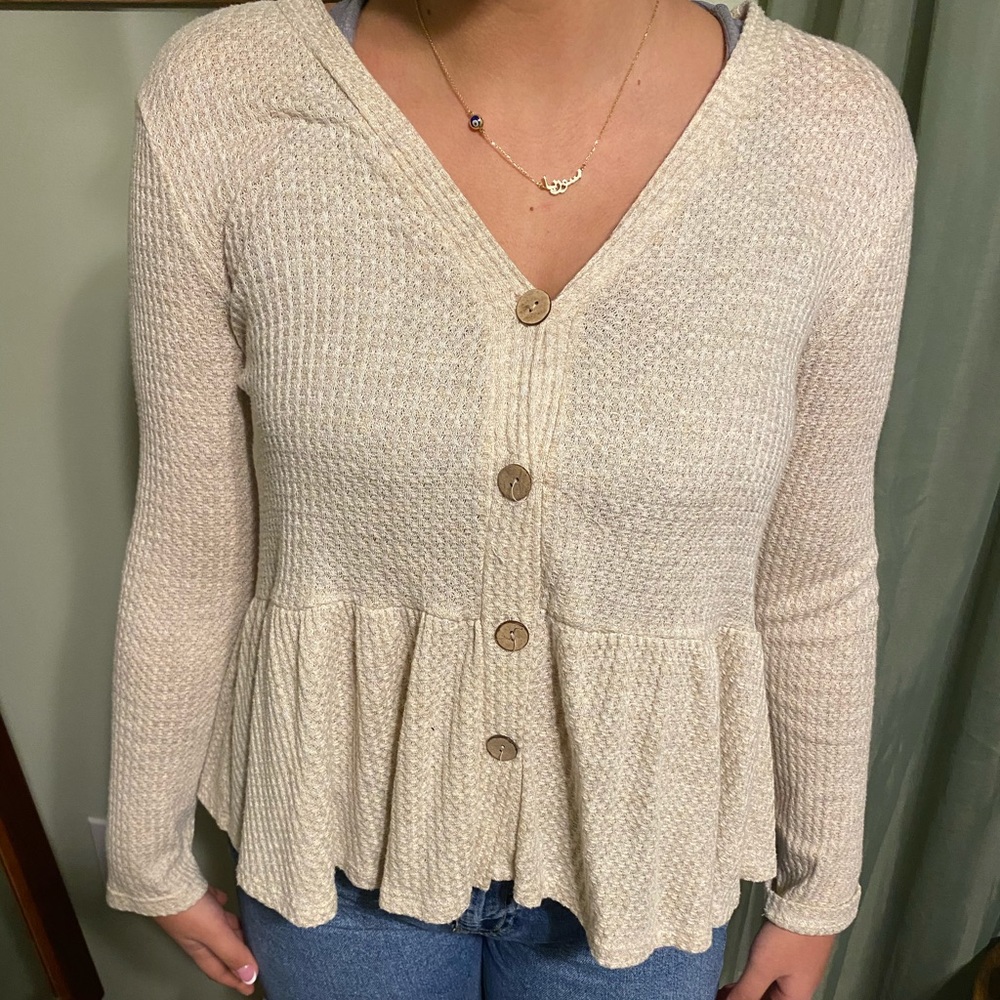 In good condition, medium, tan, Long sleeve button up float shirt